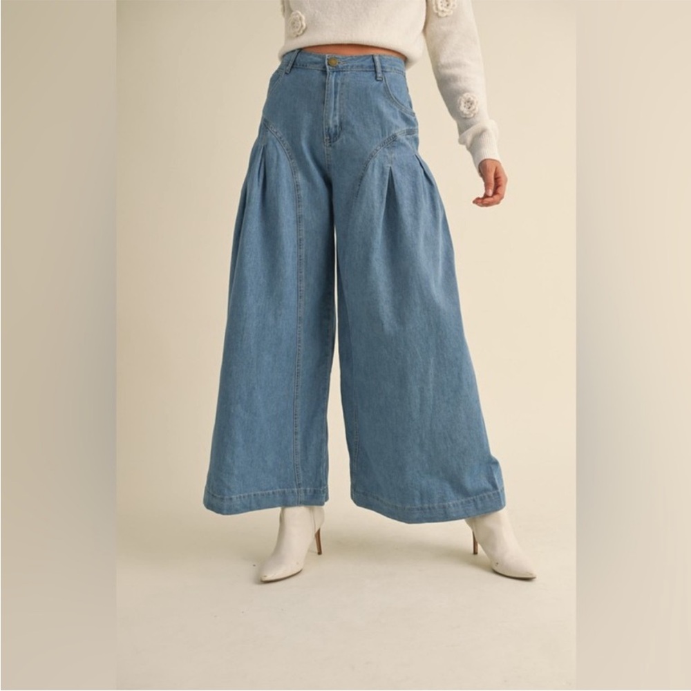 Mable Palazzo Jeans High Rise Pleated Wide Leg Lightweight Denim Blue M NWT - Picture 14 of 16